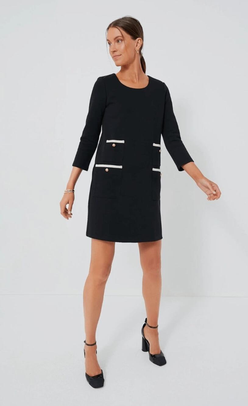 Tuckernuck Francois Black Mod Shift Dress Luxury Pockets 3/4 Sleeve Chic